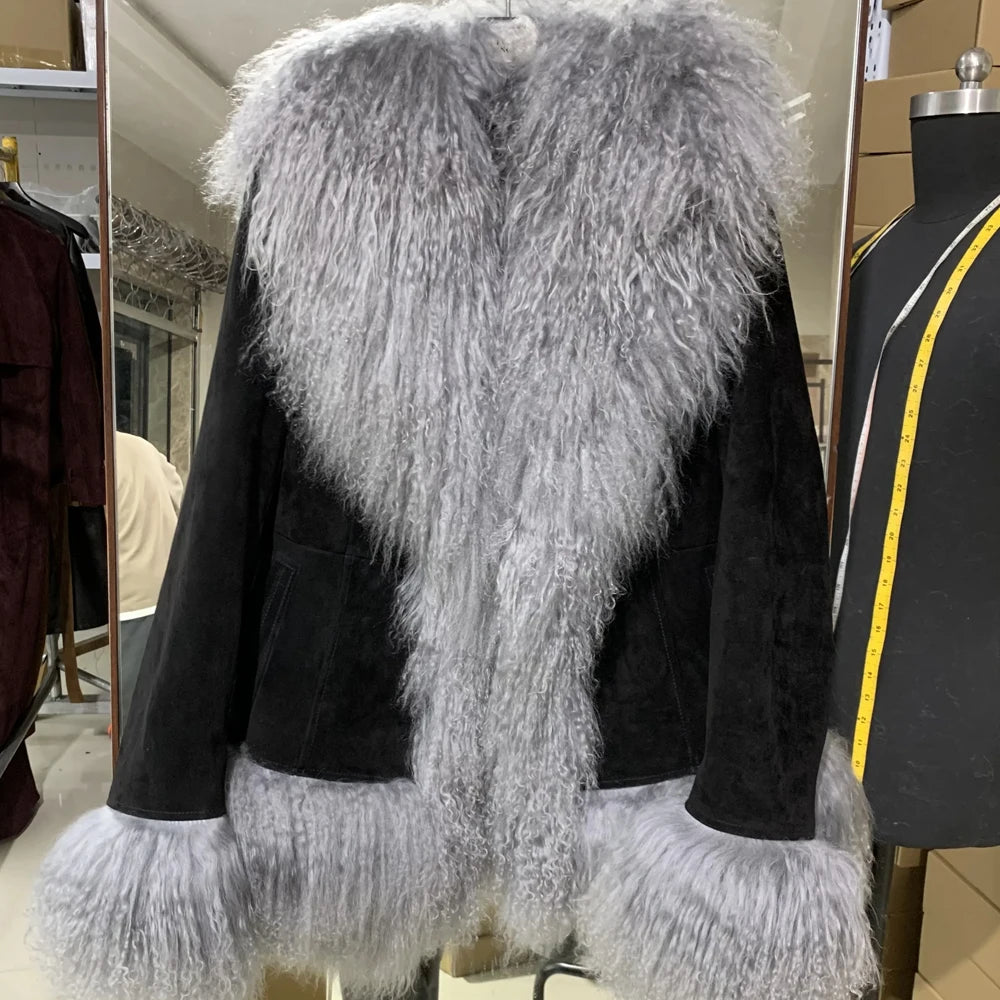 Black Suede Mongolian Sheep Fur Coat Women Fur Jacket with Long Sleeve New arrival Winter Real Fur Coat