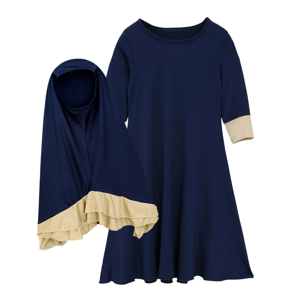 Islamic Muslim Kids Girls Prayer Dress Burka Kaftan Abaya Ramadan Robe Arab Middle East Clothes 2pcs Set Bow 2 Color Patchwork