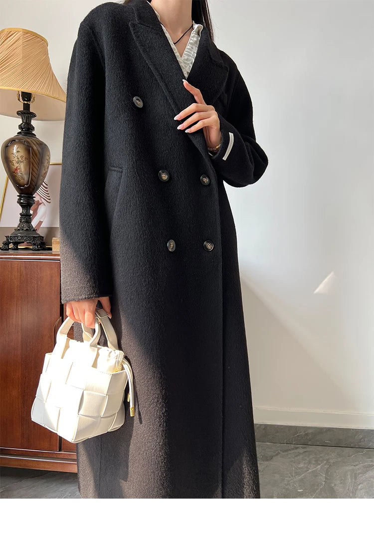 Office Lady Woolen Jackets 2024 Autumn And Winter Suit Collar Double Breasted Warmer Yak Hair Loose Long Women's Wool Coats
