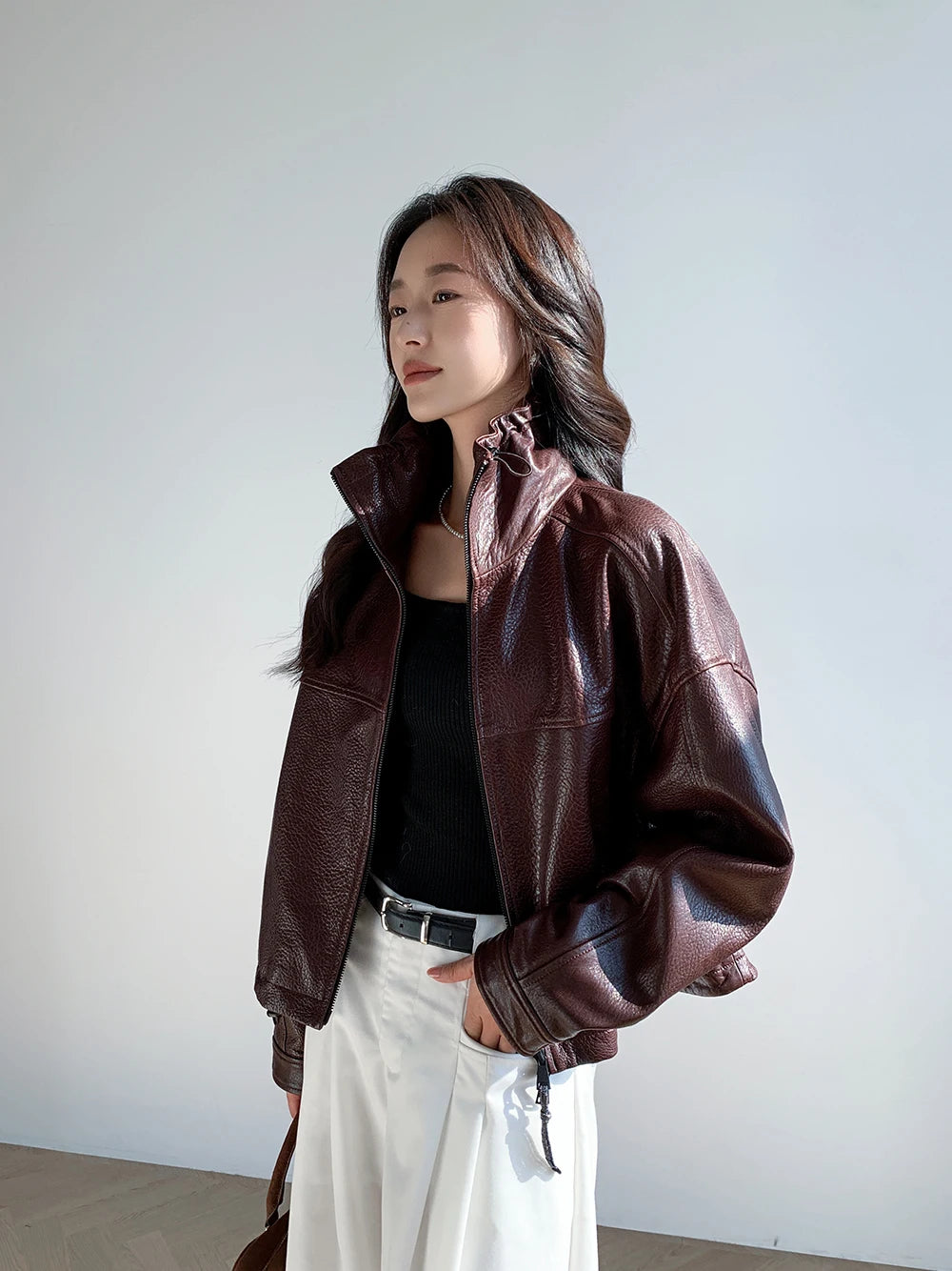 Vintage Genuine Leather Cropped Jackets for Women Spring Autumn 2025 New High-end Simple Stand Collar Bubble Real Sheepskin Coat