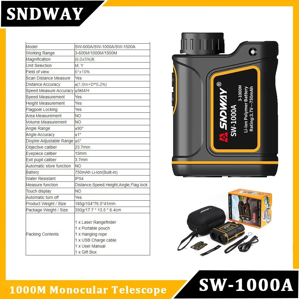 SNDWAY Golf Laser Distance Meter Rangefinder for Hunting 1000M 1500M 2000M Laser Telemeter Golf Camera Outdoor Telescope
