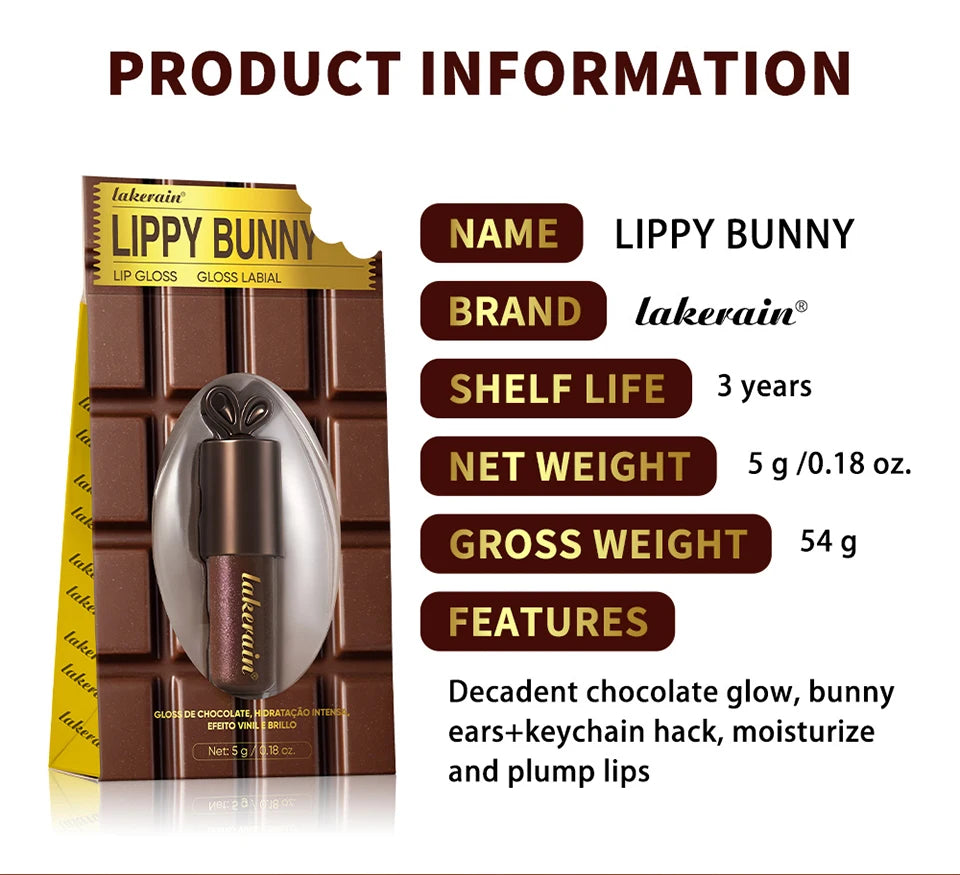 Lakerain Chocolate Rabbit Lip Gloss Mirror Effect Moisturizing Smooth Non-Sticky Long Lasting Hydration Lippy Bunny Lipstick