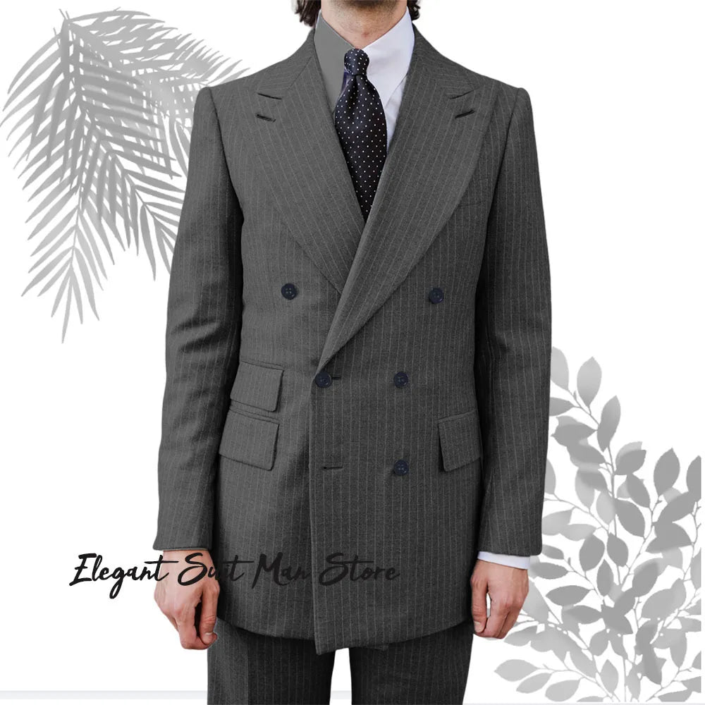 Wool Thick Striped Business Suit 2-piece Set(Jacket+pants) Business suit workwear Double breasted striped suit Jacket suit pants