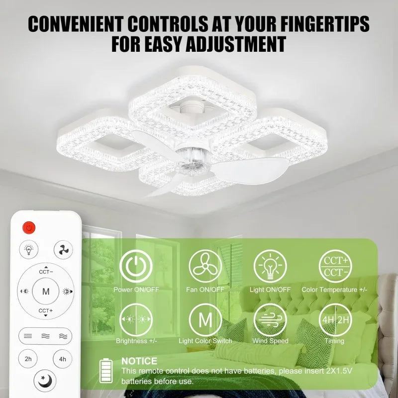 Ceiling Fan Light, E27 Base Remote Control 3000K-6500K Stepless Dimmable Color, 3 Speeds Timer LED Fan Lamp for Living Room