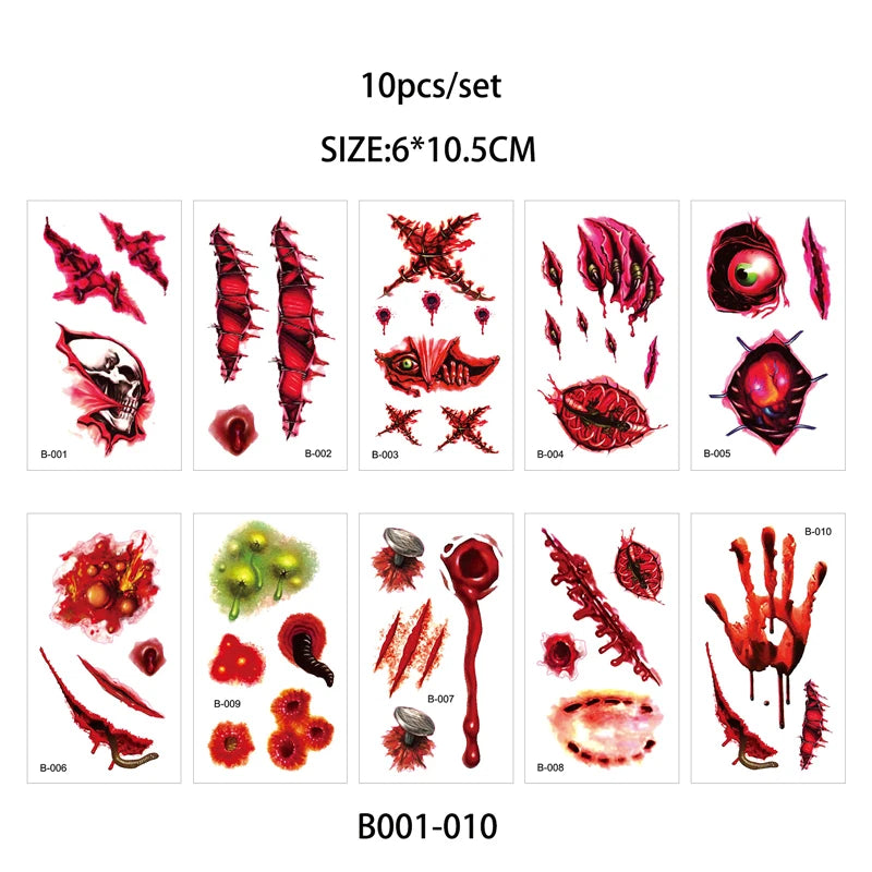 Day of the Dead Halloween Tattoos Stickers Temporary Bloodstain Wound Costume Party Festival Celebration Make Up Arm Face Tattoo