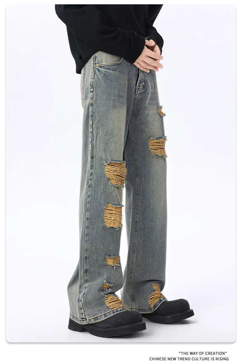 2025 Stylish Minimalistic Washed Ripped Denim Pants for Men Retro High Street Loose Wide Leg Pants for Spring and Autumn