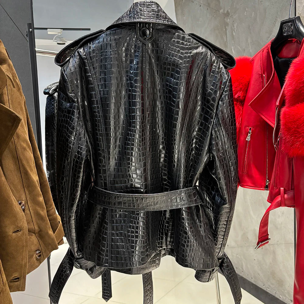 YOLOAgain Double Breasted Croc Pattern Leather Jacket Women 2023 Autumn New Genuine Leather Jacket Ladies