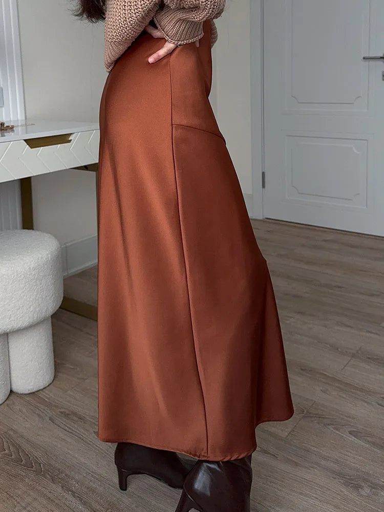 Summer Satin Skirts For Woman Office Maxi A Line Black Silk Skirts With Slit Lady High Waist Women Patchwork Skirt Long Elegant