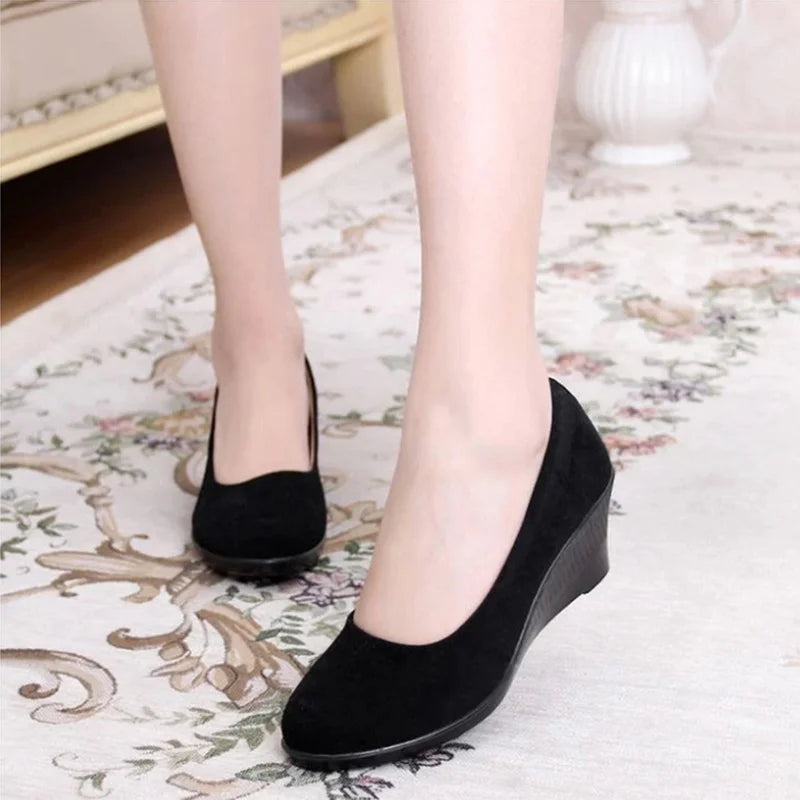 Women's 5cm Wedge Heels Workwear Ceremonial Cloth Shoes Black PU Office Ladies Spring Slip on Oxford Shoes Shallow Mouth Shoes