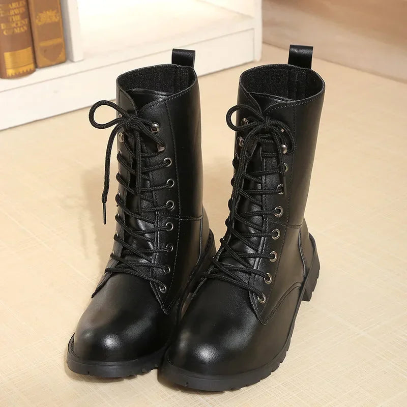 Women's Boots 2026New Casual High Top Boot Fashion Women Motorcycle Boot Classic Black Mid-calf Leather Boots Women Ankle Boots