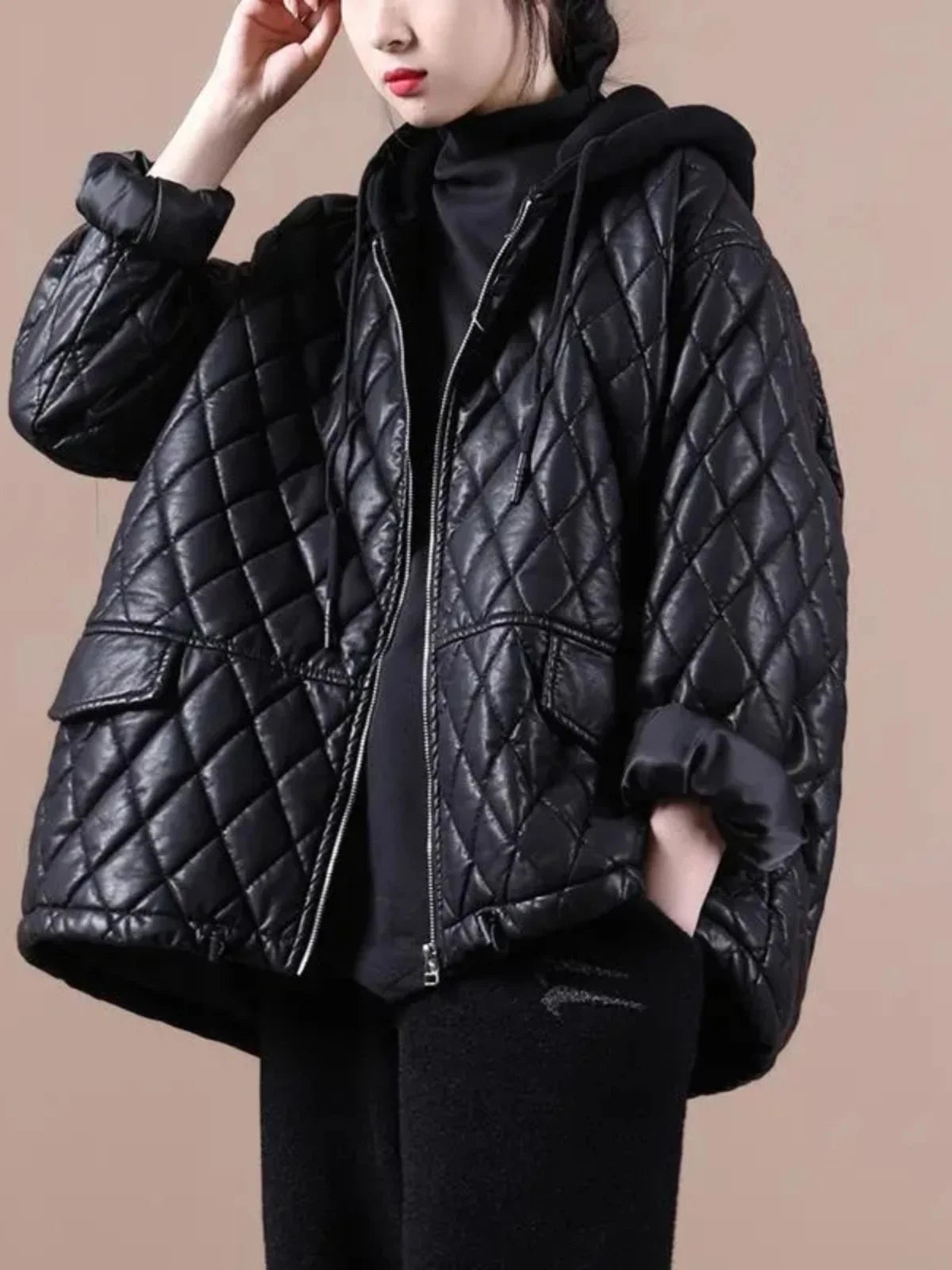 Faionable ort PU Leather Jaet Women's Thiened Cotton Inserted Outerwear Sli Commute Sle Long Sve Zipper Design