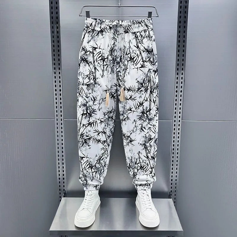 Ice Silk Men's Casual Fashionable Bamboo Leaf Print Sports Pants Loose Fit Long Trousers Youth Summer Active Wear
