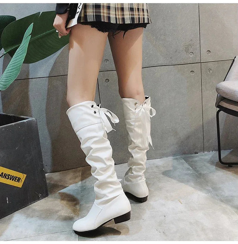Shoes For Women  Knee High Boots Red Black White Tall Boots Woman Pleated Low Heel Casual Leather Female Long Shoes