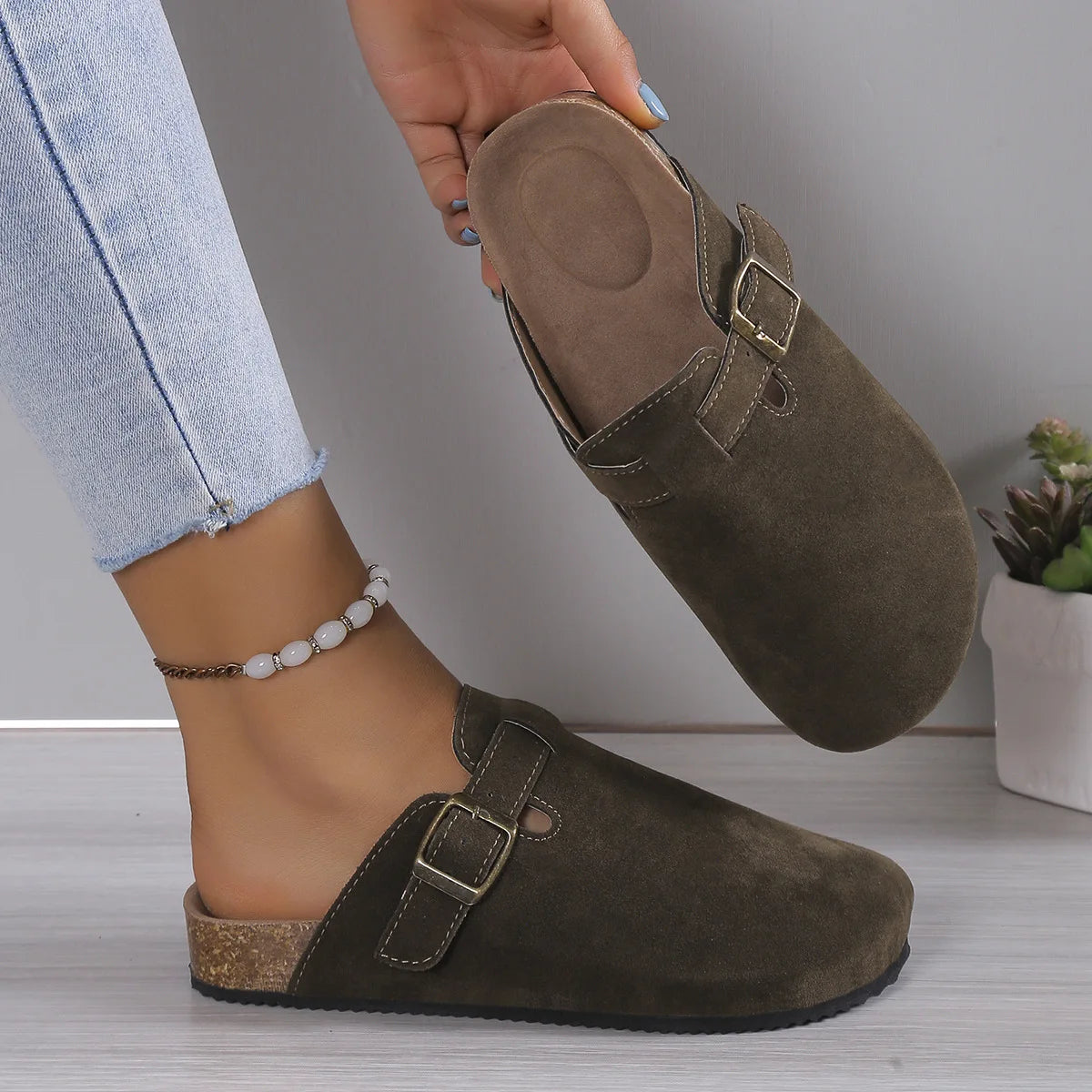 Cork Footbed Slippers For Women Men Fashion Clogs Leather Mules Female Home Street Shoes With Arch Support Indoor Outdoor Slides