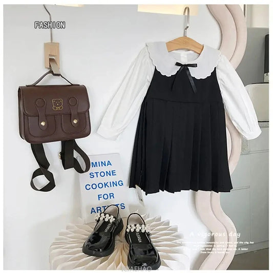 Sundress Black for Girls Children Junior Dress Elementary School Student Uniform Suit School Kids White Blouse Pleated Skirt Set