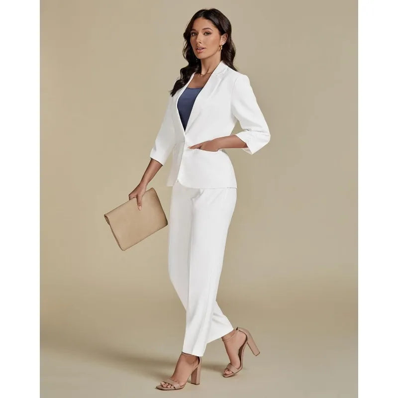 Pant Suits for Women Dressy 2 Piece Business Casual Outfits 3/4 Sleeve Blazer Straight Leg Pant Sets Office Work
