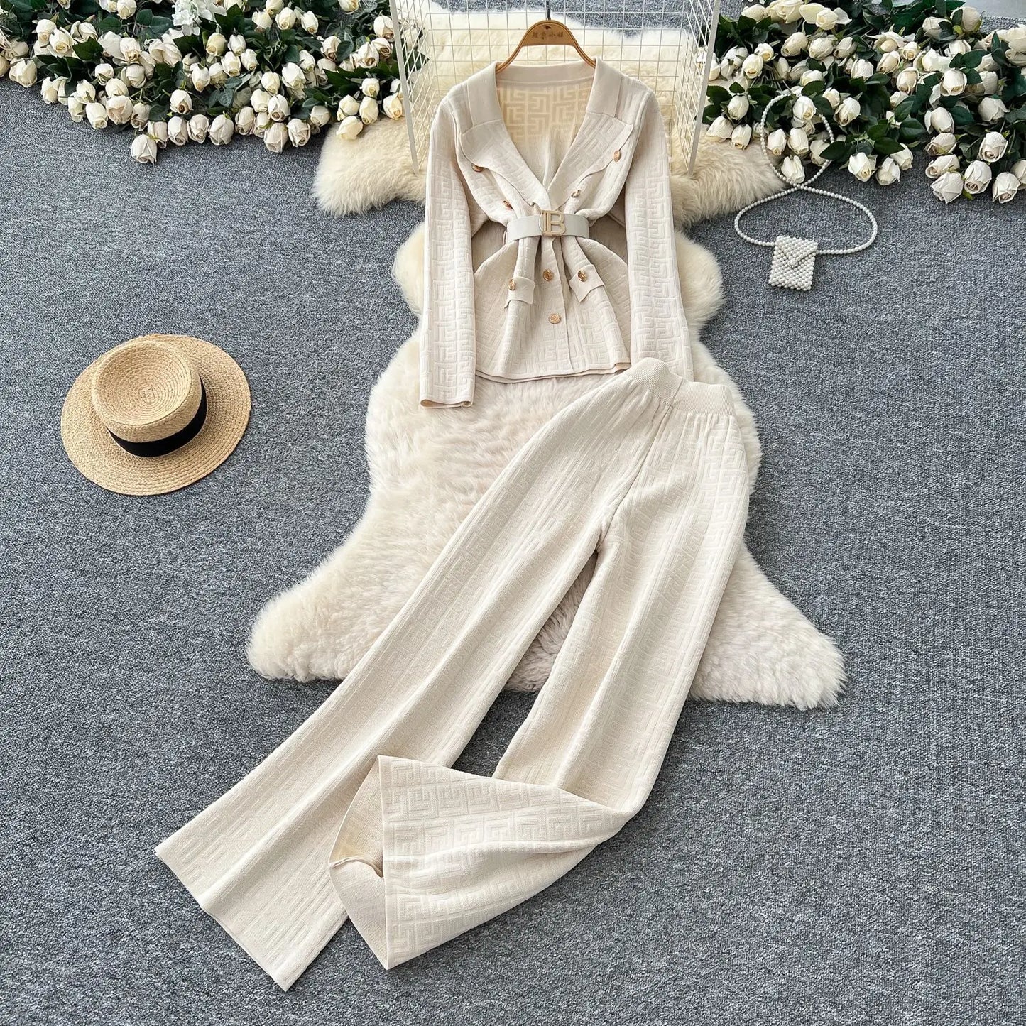 Pant Set Women Two Piece Sets Turn Down Collar Full Sleeve Tops Wide Leg Long Pants High Elastic Waist Y2k Streetwear Elegant