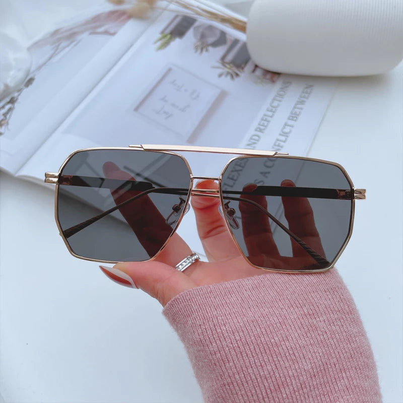 High Quality Square Polarized Sunglasses For Women Retro Oversized Double Bridge Sun Glasses Men Luxury Big Metal Goggle Shades