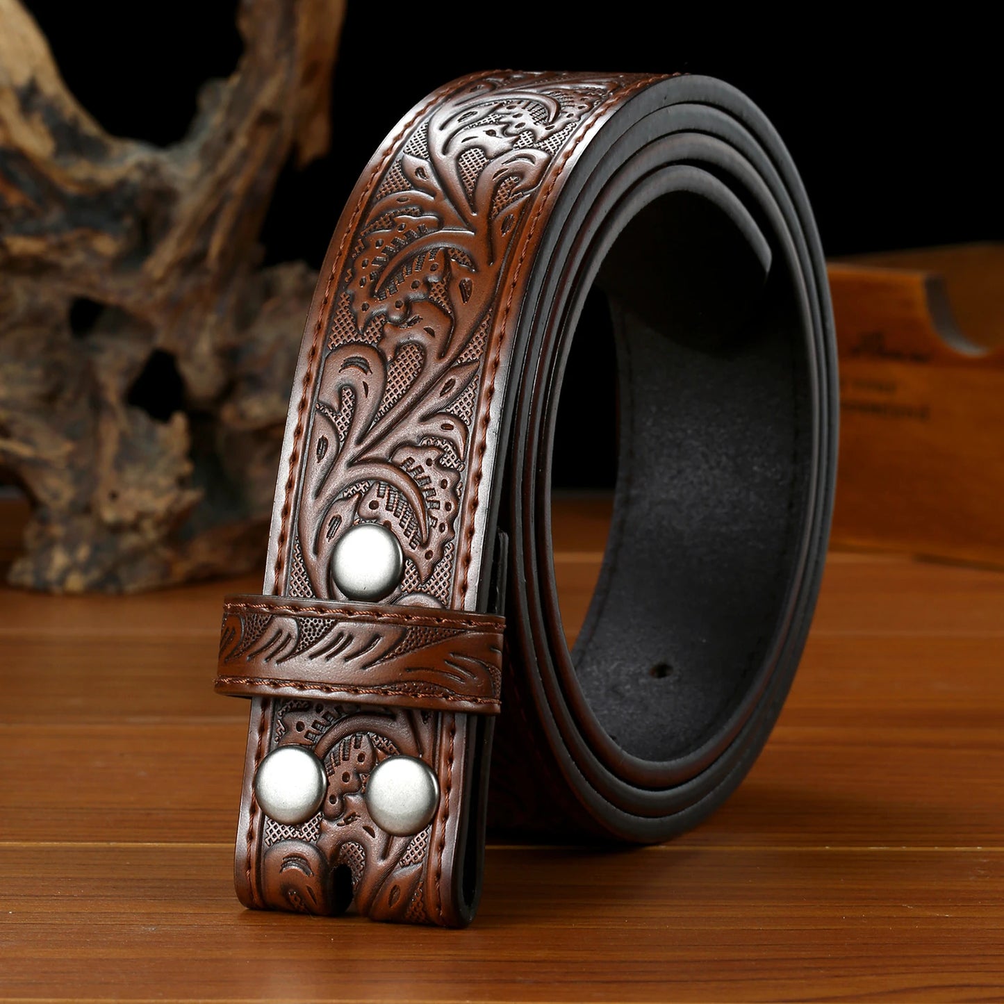 Western Style Tooled Leather Belt Strap - Buckleless Design for Customizable Fit