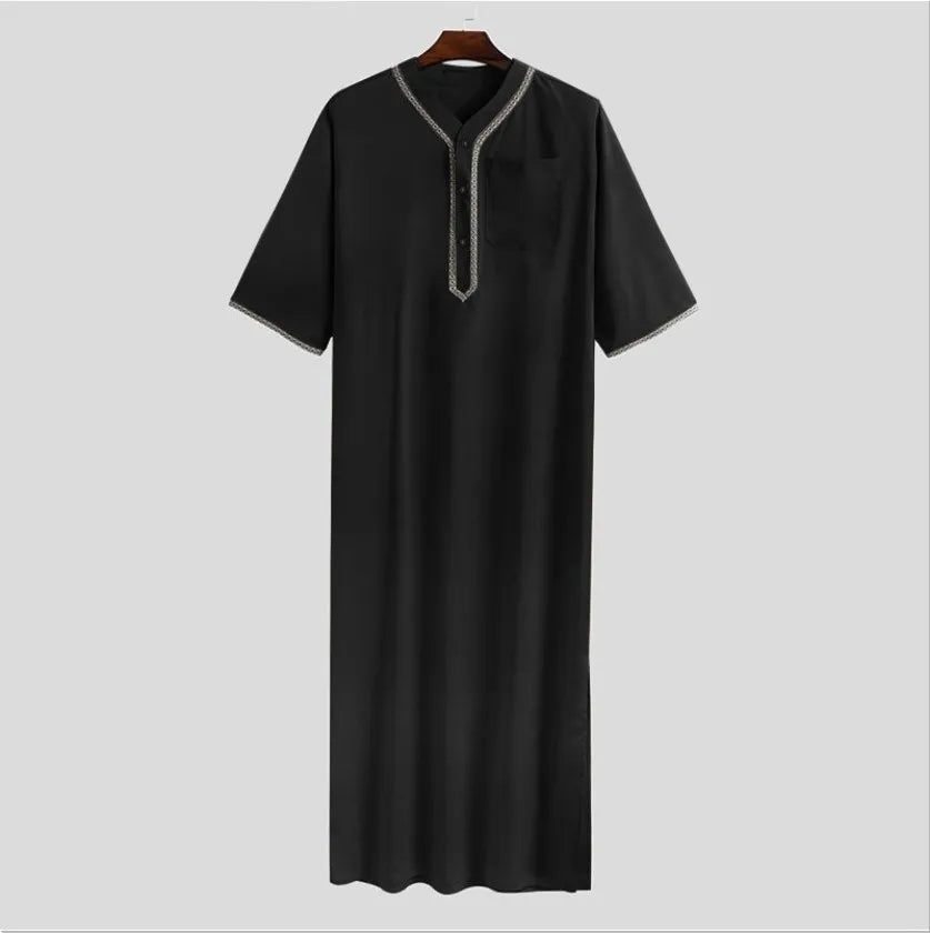 Islamic Muslim Men's Solid Color Short Sleeve Classic Embroidery Robe Dubai Arabic Ethnic Style Men's Casual Formal Robe