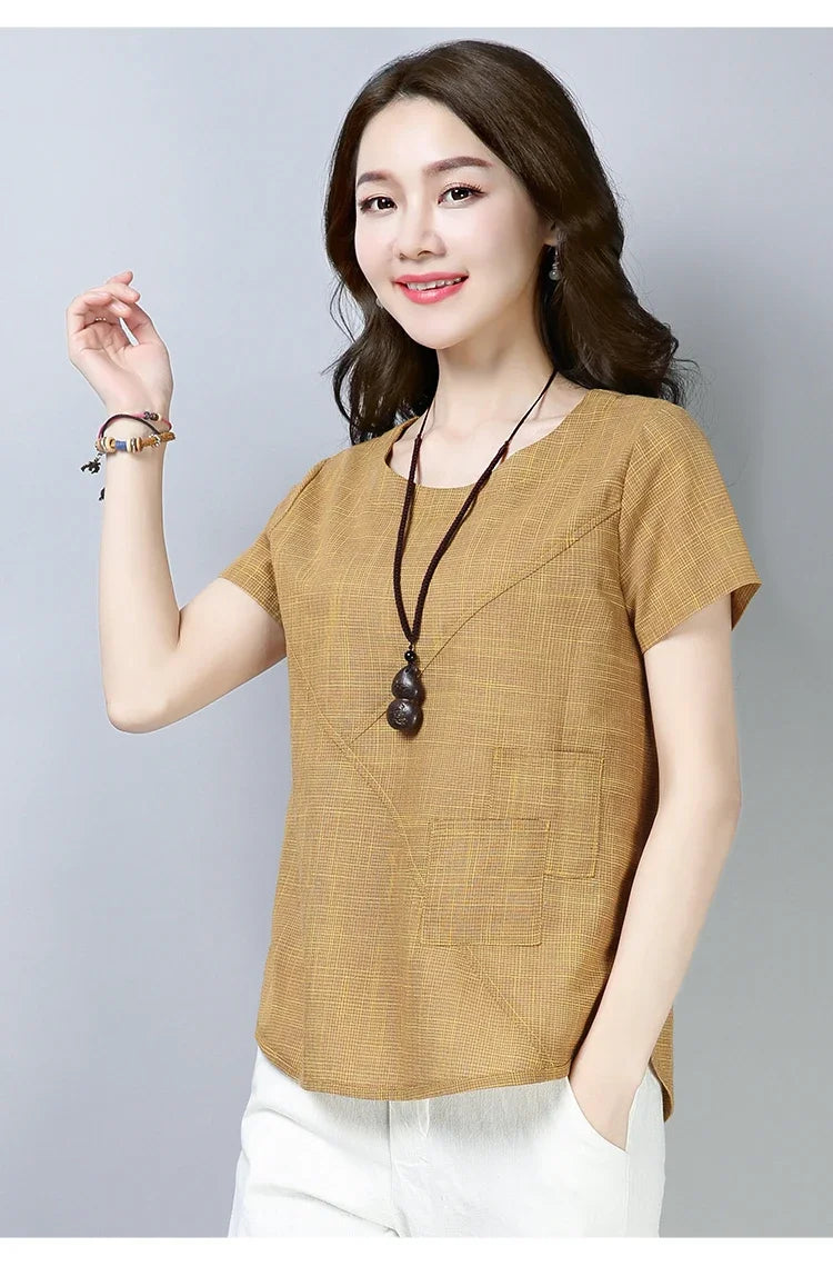 Women's Summer Blouses 2024 Vintage Linen Cotton Women Tops Blouses Short Sleeve Women Shirts Women Clothing Blusas 2127