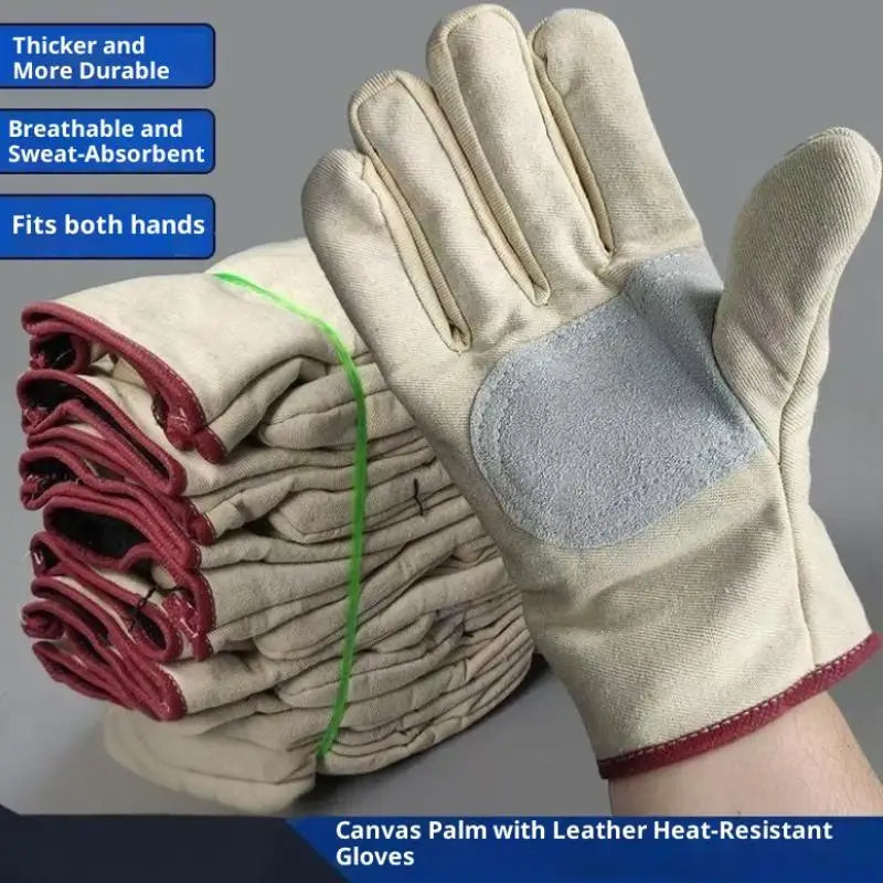 ✔Canvas Work Gloves with Leather Reinforced Palm, Heat-Resistant & Durable Safety Gloves for Gardening,Welding & Construction