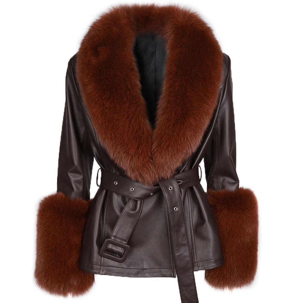 YOLOAgain Real Fox Fur Collar Genuine Leather Jacket Women