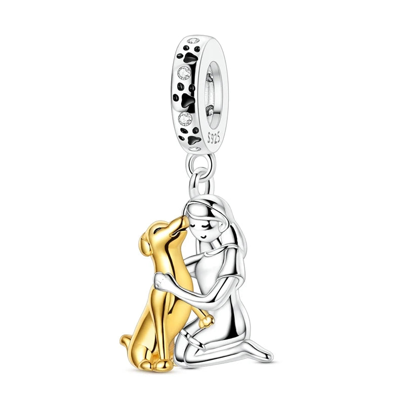 925 Sterling Silver Girl Holding Dog Charms Beads Fit Original 925 Bracelet Making Gift for Woman Jewelry Diy Fashion Pendant