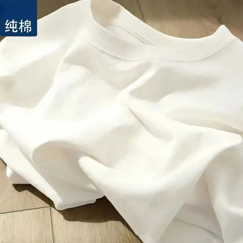 Men Women 100% Cotton  T-shirt Solid Color Trend Leisure Short Sleeve Black White Gray High Quality Heavy Fabric Loose T Shirt