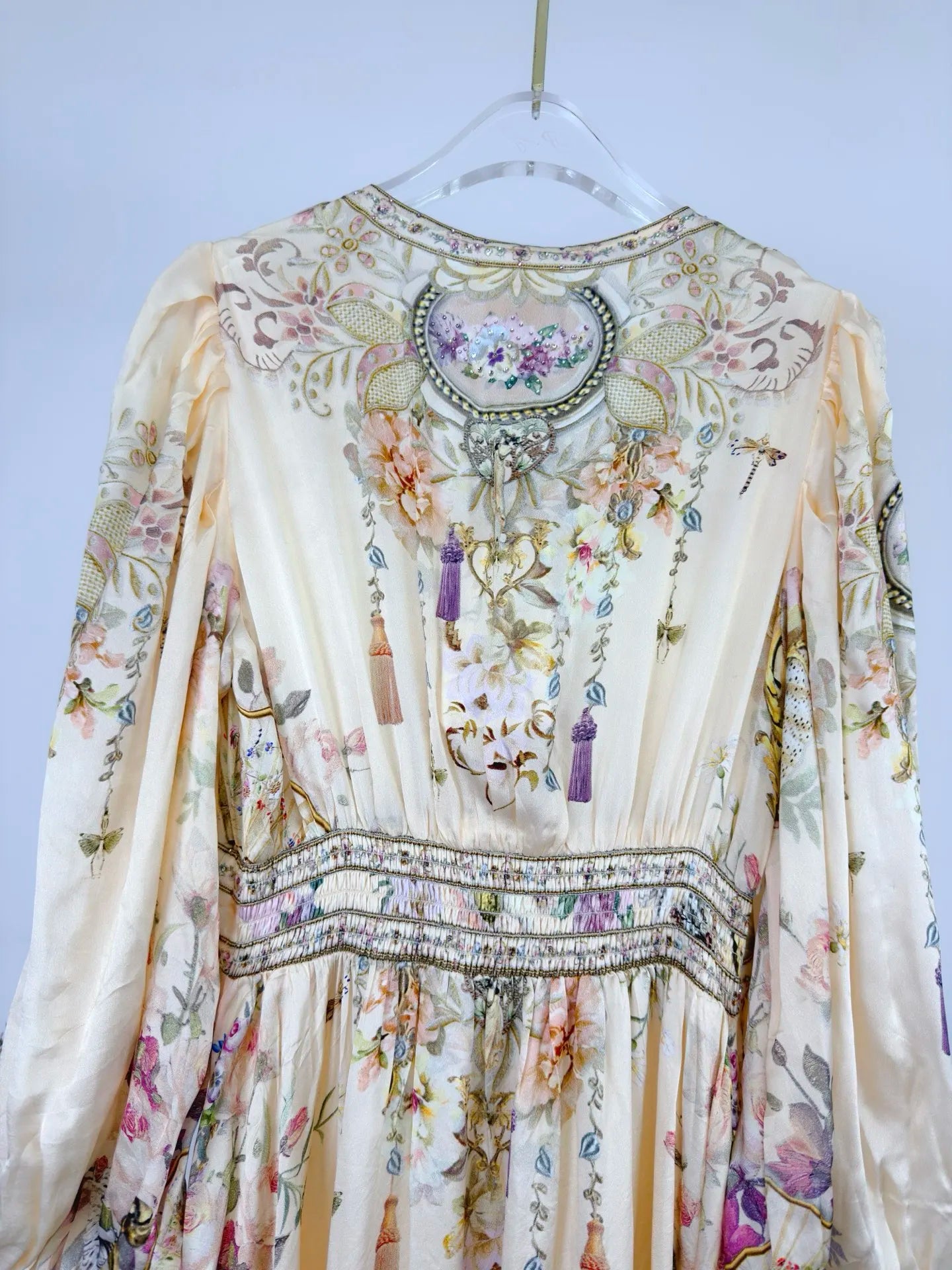 Women Silk Flower Printed Long Dress Heavy Beaded V-Neck Lantern Sleeve Loose Female dress