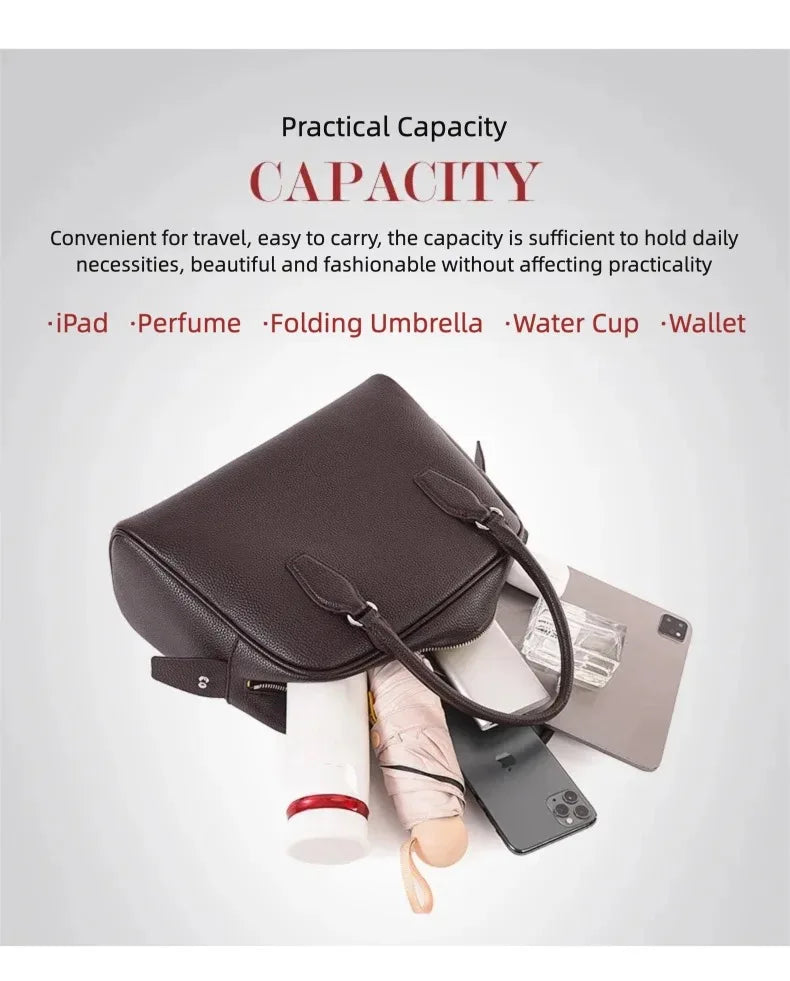 New Women's Handbag, Simple Casual Bag, Large-Capacity Briefcase, Fashionable Commuter Tote Bag, Retro-Style Water-Repellent Bowling Bag
