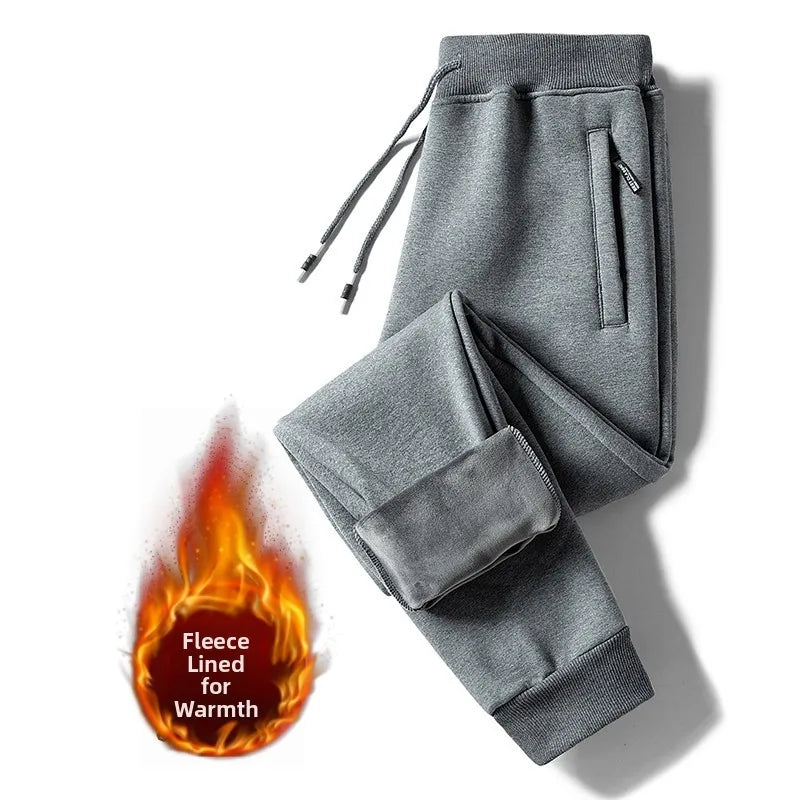 Loose Men's Fleece Lined Trousers Spring Autumn Winter Casual Wear Youth Style Pure Color Cuffed Sports Pants for Students