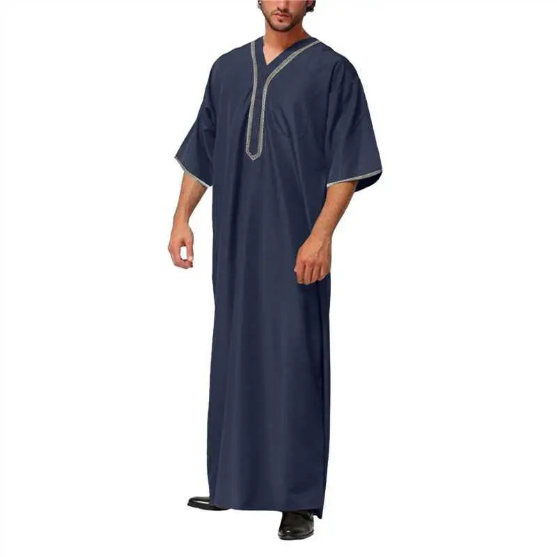 Islamic Muslim Men's Solid Color Short Sleeve Classic Embroidery Robe Dubai Arabic Ethnic Style Men's Casual Formal Robe