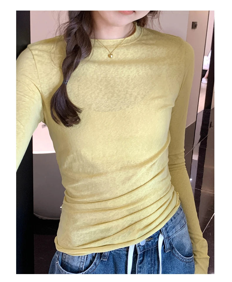 2026 Spring Autumn T shirt Women Tops Solid Slim Fit Long Sleeve O Neck Tshirts Female Casual Streetwear High Quality Base Tees