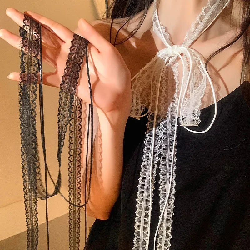Black White Lace Necklace Versatile Long Ribbon Layered Clavicle Chain Choker for Woman Girls Wear Neck y2k Decoration Jewelry