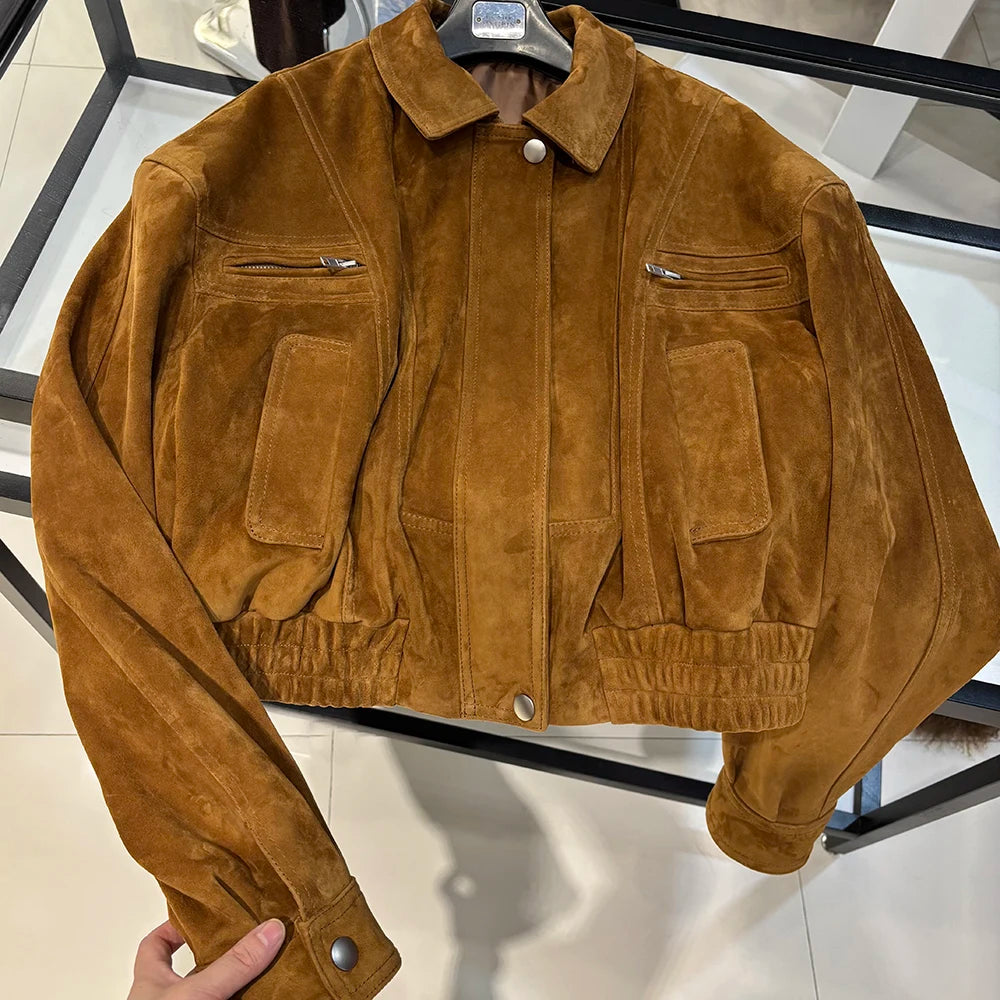YOLOAgain 2025 Autumn Oversized Suede Jacket Women Real Leather Bomber Jacket Female