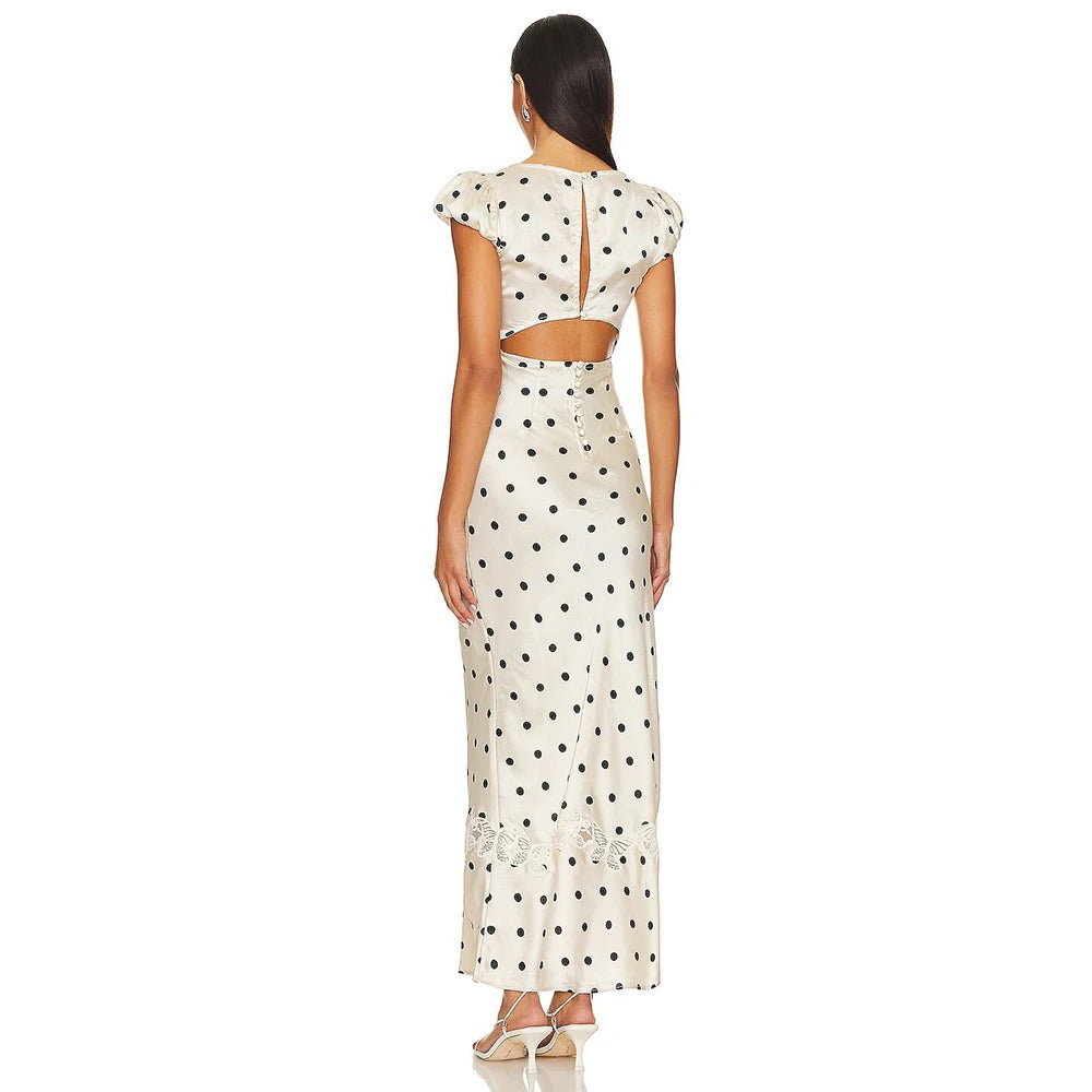 Luxurious Silk Satin Long Dress Elegant Puff Sleeve Polka Dot Floral Gown Sexy Open Back Midi Dresses for Evening Cocktail