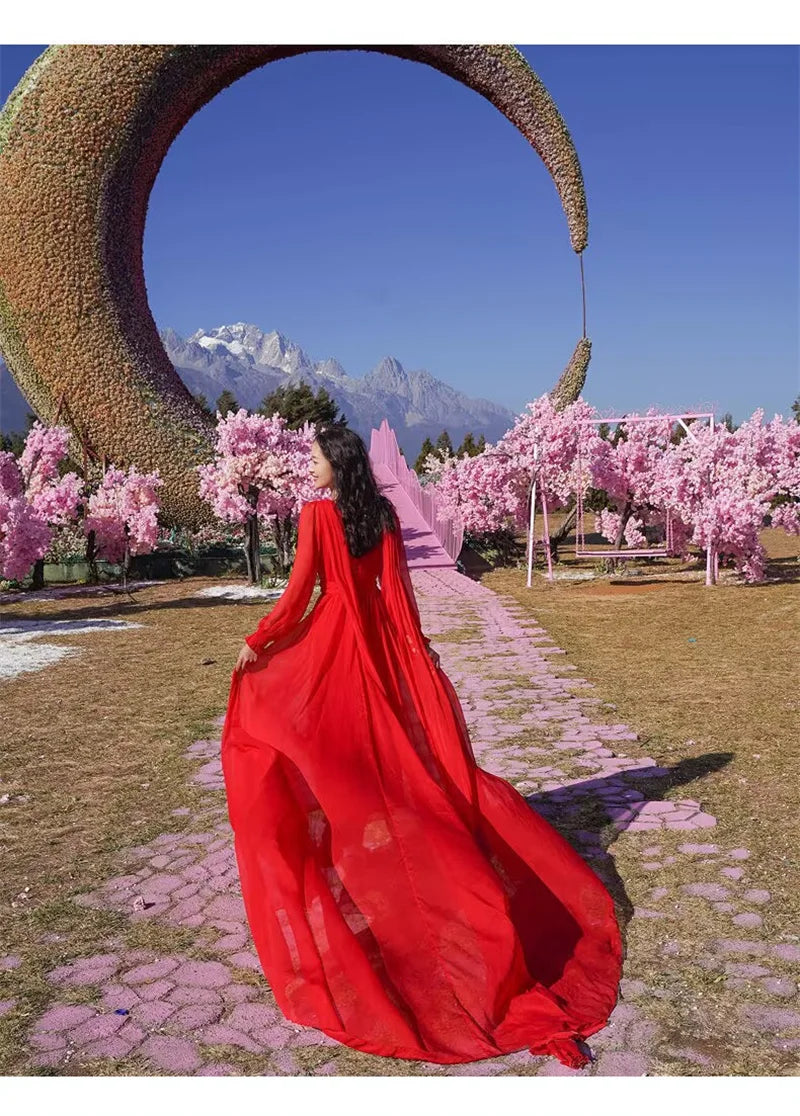 Spring/Summer Silk Dress with Charm Seaside Vacation Beach Dress Red Extra Long Tailed Long Dress White Elegant Graceful XQ26