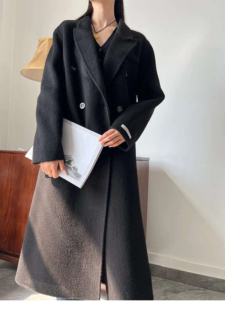 Office Lady Woolen Jackets 2024 Autumn And Winter Suit Collar Double Breasted Warmer Yak Hair Loose Long Women's Wool Coats