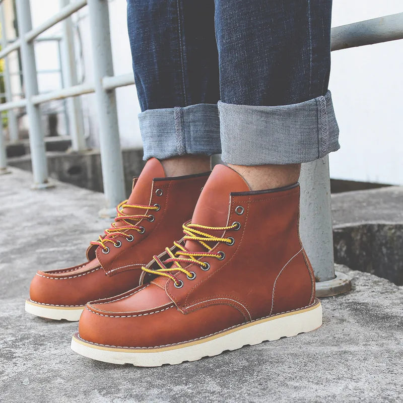 Genuine Leather Men's Boots Vintage Tooling Boots Man Short Boot Rhubarb Boots Men's High Top Men's Shoes Leather