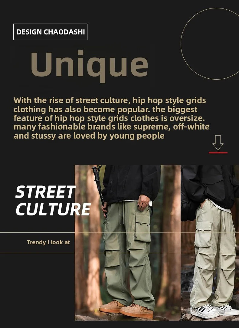 Pants men's four seasons tide loose work pants hundred straight sports paratrooper pants drawstring punch casual pants