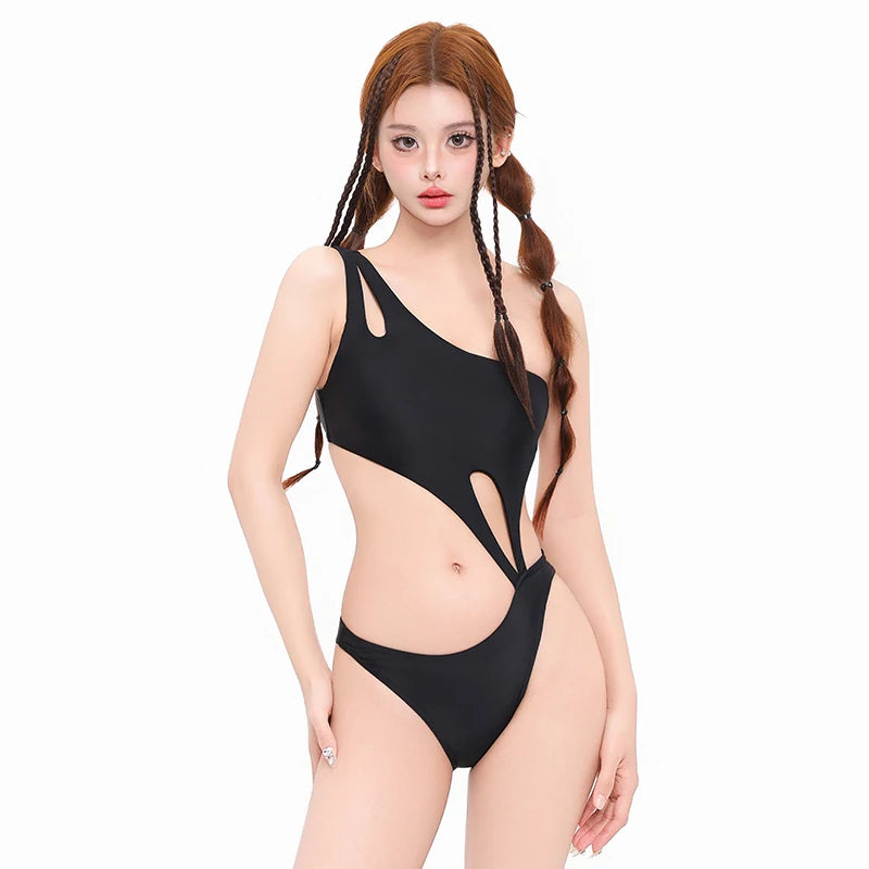 Black Women Swim Suit One-piece Swimsuits Korean Fused Swimwear Ladies Bathing Suits Off Shoulder Bodysuit Monokini Beachwear