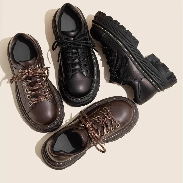 Womens Derby Shoes Autumn British Style Female Footwear Loafers With Fur Round Toe Clogs Platform Casual Sneaker Leather