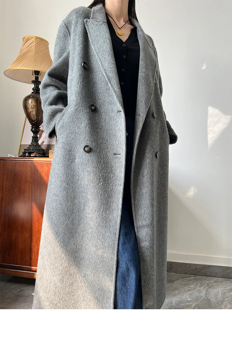 Office Lady Woolen Jackets 2024 Autumn And Winter Suit Collar Double Breasted Warmer Yak Hair Loose Long Women's Wool Coats