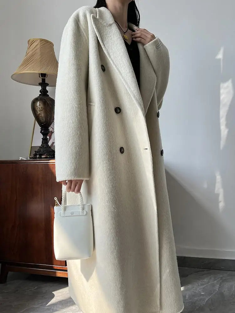 Office Lady Woolen Jackets 2024 Autumn And Winter Suit Collar Double Breasted Warmer Yak Hair Loose Long Women's Wool Coats