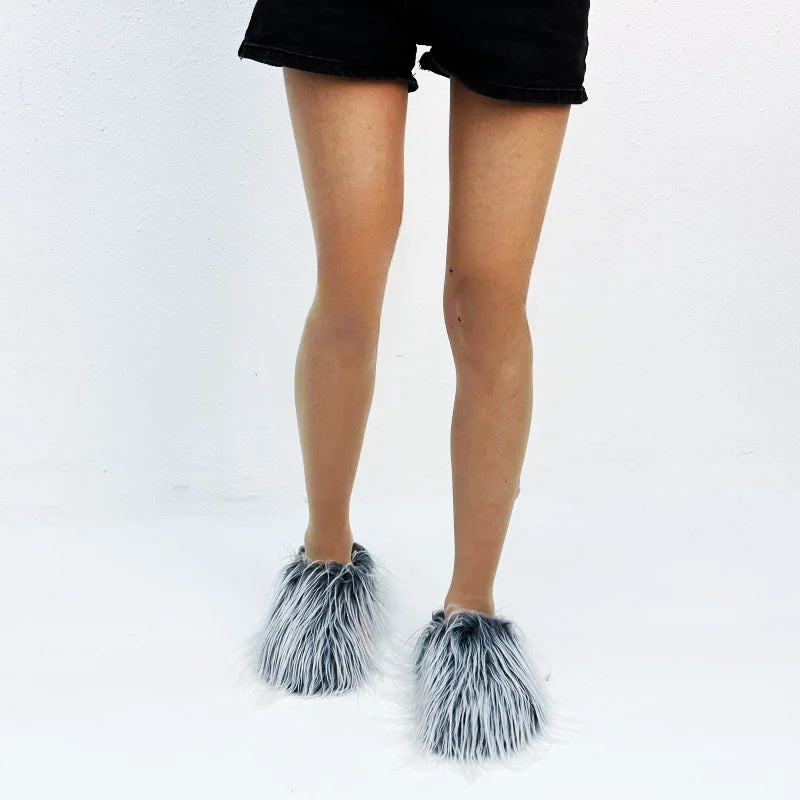 2025 Summer Brand New Fashion Leisure Round Toe Horse Hair Slippers for Women Elegant Flat Platform Slip-on Big Size Shoes 42 43