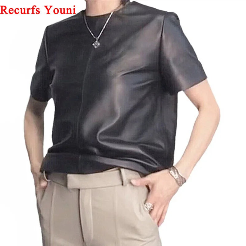 Genuine Leather Tops for Women 2025 Spring/Summer Short Straight Sleeve Round Neck Pullover Shirts & Blouses Thin Suede Blusas