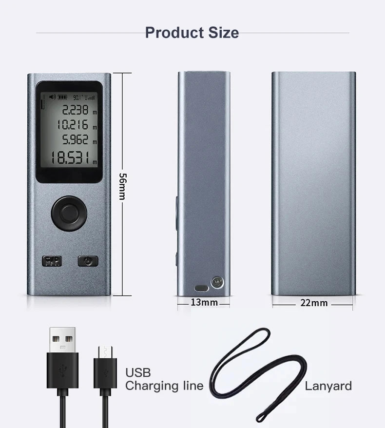 30M Mini Laser Distance Meter USB Rechargeable Infrared Range Finder Digital Laser Tape Measure for Building Measurement & Home