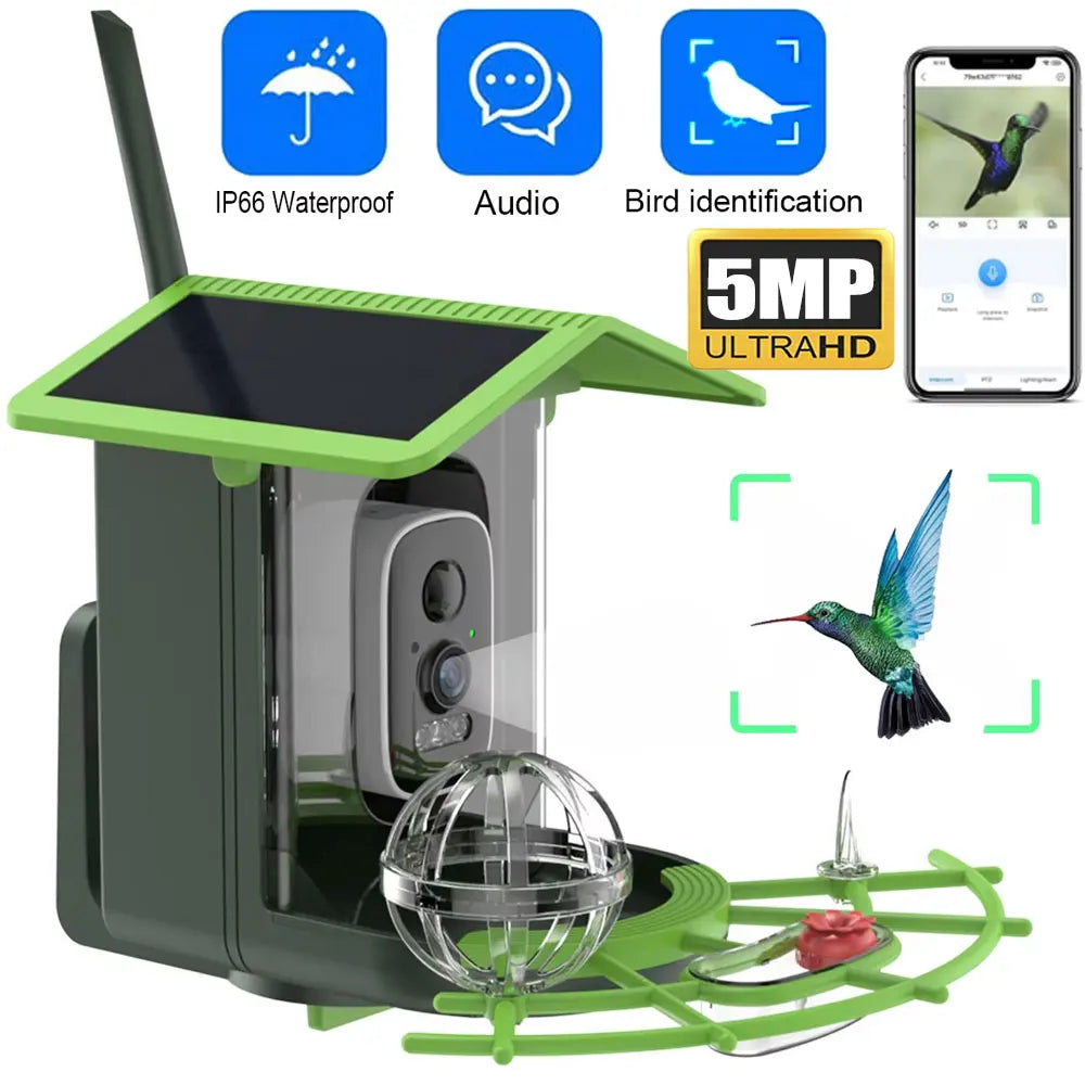 5MP Solar Bird Feeder Camera WiFi Wireless HD Night Vision with Solar Panel Rechargeable Battery Instant Alerts for Birdwatching
