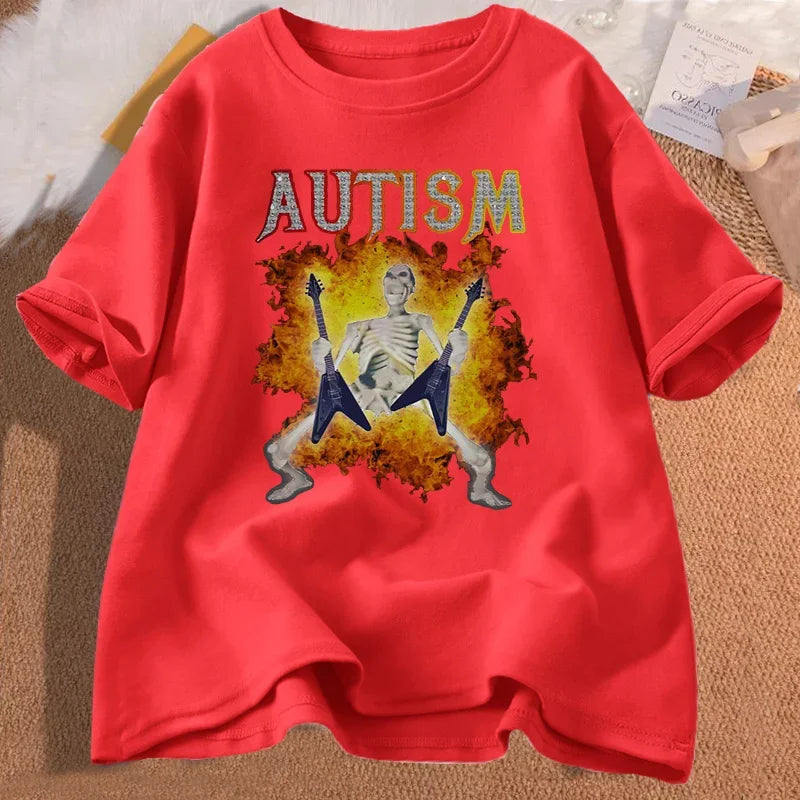 Autism Funny Skeleton Meme Men's T-shirt Cotton Mens Clothing Graphic Tshirts Man women Clothes Printed Short Sleeve Tee Tshirts